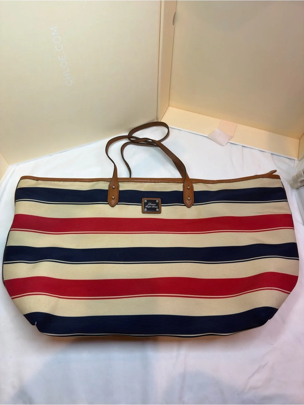 Lauren Ralph Lauren Red, Navy & Cream Striped Canvas Tote